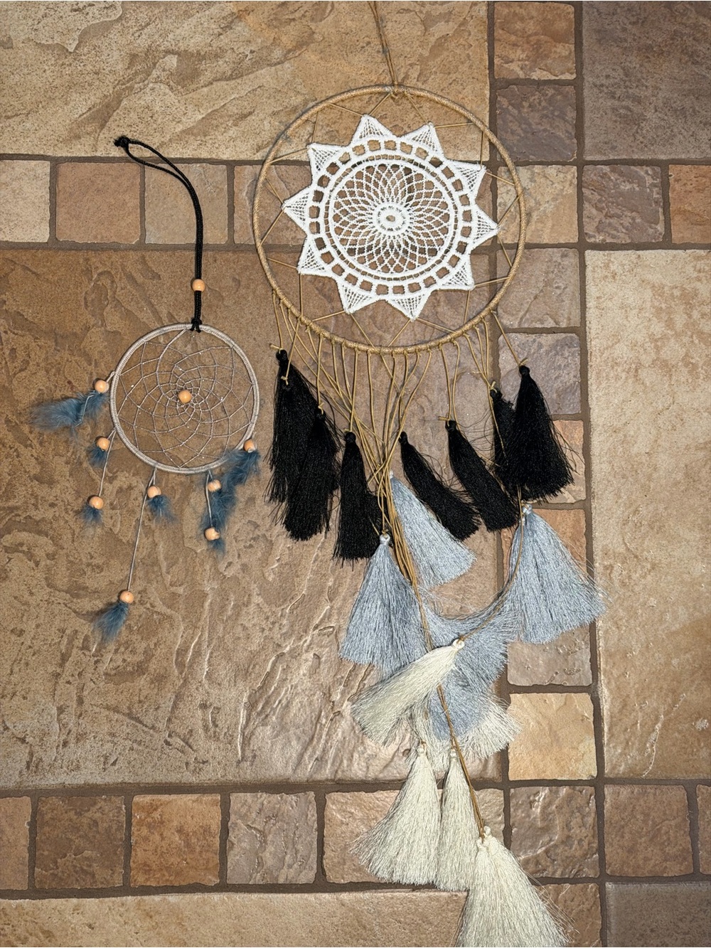 Handmade Dreamcatcher Set in Black, Light Blue & Cream